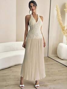 Firerie Women's Elegant Romantic Delicate Daily Vacation Party Ball Halter Backless Embroidery Textured Fabric Bodycon Pleated A-Line Apricot Maxi Dress, Summer