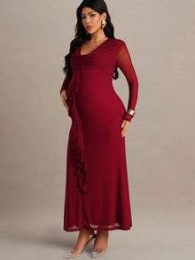 MaterniChic Autumn And Winter Red Dress Elegant Maternity Solid Color Ruffle V-Neck Fitted Long Sleeve Dress - Red - View 4