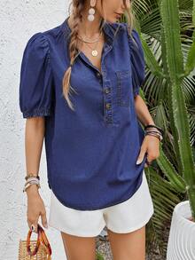 EMERY ROSE Women's Summer Short Puff Sleeve Pocketed Button Half Placket Casual Denim Top - Dark Wash - View 6