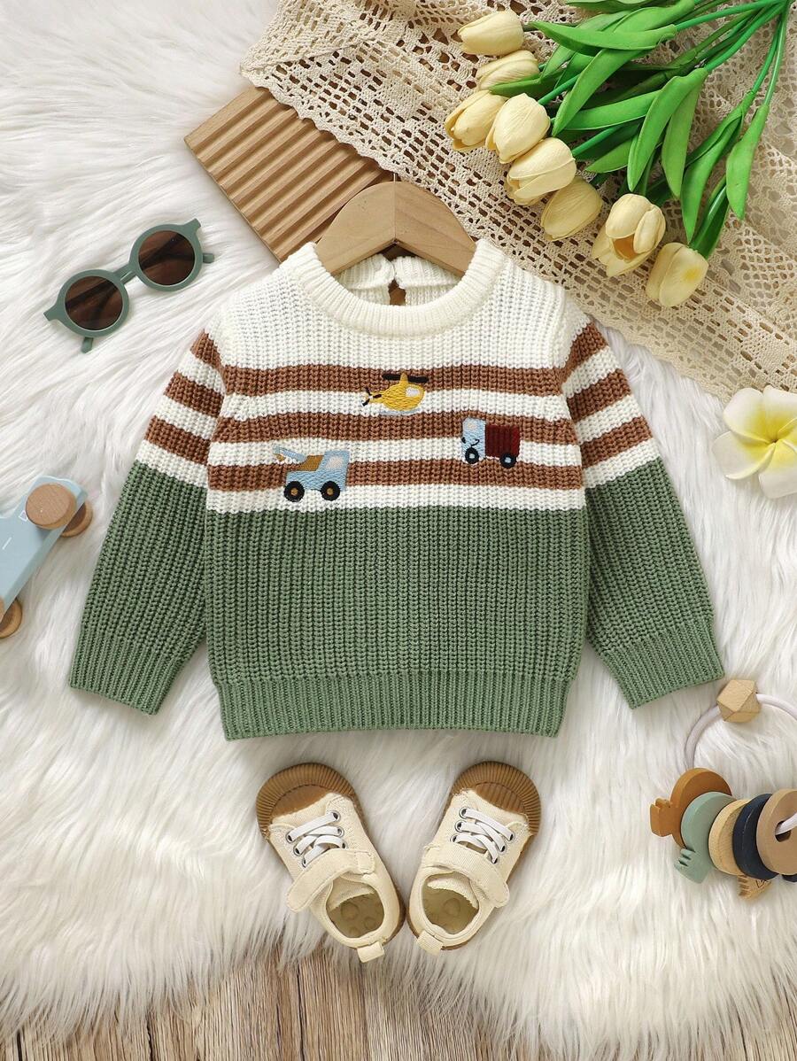 SHEIN Vintaside Kids 可爱卡通刺绣毛衣，圆领设计呵护宝宝娇嫩肌肤，长袖套头衫方便穿脱，休闲简约风格打造宝宝的时尚新宠，柔软亲肤面料陪伴宝宝健康成长。男宝宝绿色毛衣，男宝宝毛衣，男宝宝针织毛衣，男宝宝秋季毛衣，男宝宝条纹毛衣，男宝宝冬季毛衣 - 綠色 - 查看 1