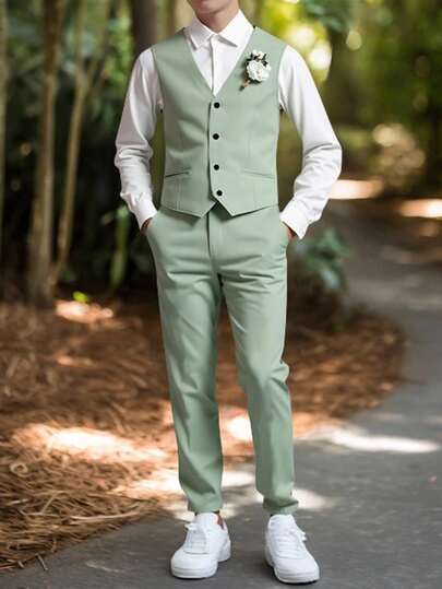 SHEIN 2st/set Teen Boy Gentleman Outfit - Slim Fit Mint Grön Vest + Texture Långbyxor, Elegant formell kostym för födelsedag, bröllop, examensfest, Bröllopsgäst, Pageboy, Ringbärare
