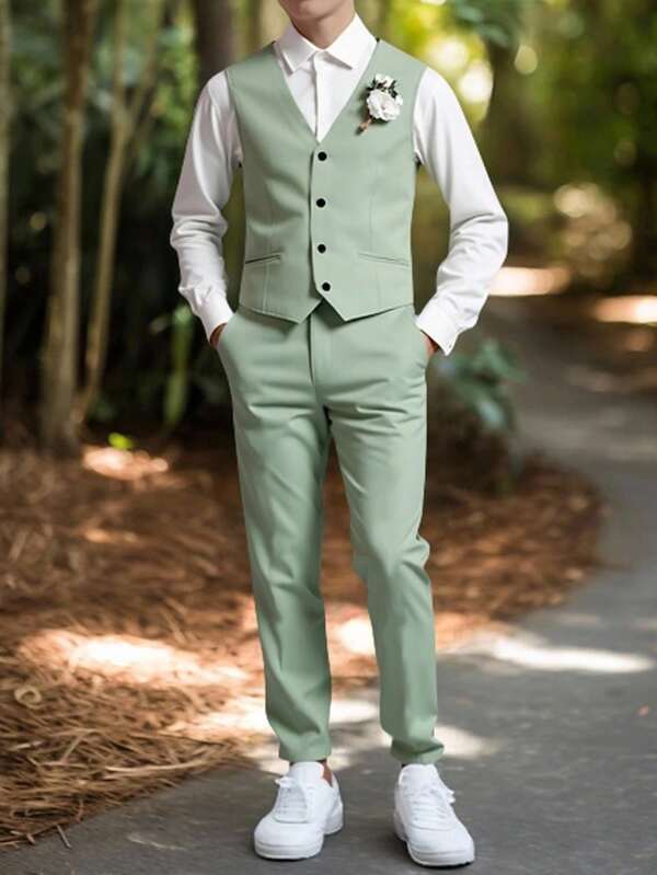 SHEIN 2pcs/Set Teen Boy Gentleman Outfit - Slim Fit Mint Green Vest + Texture Long Trousers, Elegant Formal Suit For Birthday, Wedding, Graduation Party, Wedding Guest, Pageboy, Ring Bearer