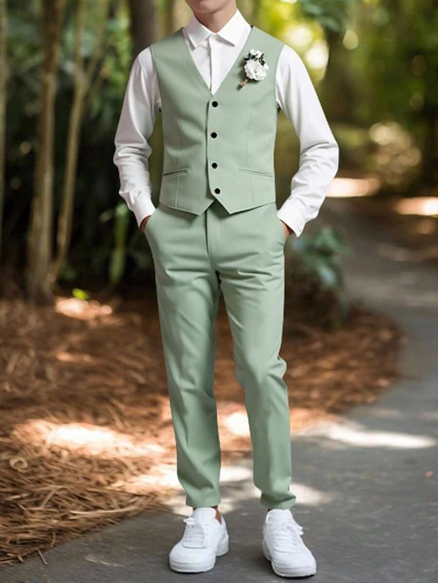 SHEIN 2pcs/Set Teen Boy Gentleman Outfit - Slim Fit Mint Green Vest + Texture Long Trousers, Elegant Formal Suit For Birthday, Wedding, Graduation Party, Wedding Guest, Pageboy, Ring Bearer - Mint Green - View 1