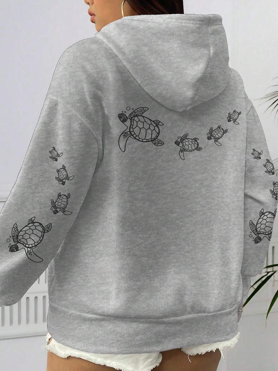 EMERY ROSE Plus Size Turtle Printed Graphic Hot Selling Draw Rope Sweatshirt Fall Cloth For Women Winter Autumn - Light Grey - View 1