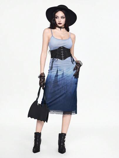 Goth Vestido midi de malla con degradado de cruz gótica y castillo, para Halloween