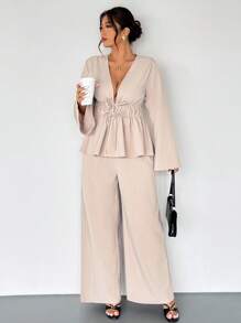 Firerie Plus Size Casual Elegant Vacation Drawstring Versatile Daily Commute Work Office Loose Tie-Front Top And Elastic Waist Pants Set, Spring/Autumn,Fall Clothes For Women