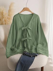 CosyJoli Plus Size Casual V-Neck Long Sleeve Shirt With Tie-Up, Floral Lace Patchwork Texture,Slightly Sheer,Fall Clothes For Women - Green - View 3
