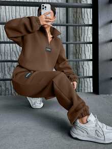 SHEIN Cottnline Cotton Letter Patched Drop Shoulder Half Zip Sweatshirt & Sweatpants - Brown - View 4