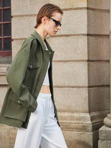 Lumivelle Business Casual Woman Fall Women Clothes Women's Solid Color Utility Pocket Drop Shoulder Cinched Waist Regular Jacket Casual Outfits Spring Clothes For University - Army Green - View 7