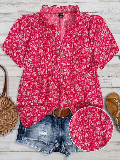 Franclia Plus Size Women Summer Casual Loose Allover Print Short Sleeve Blouse