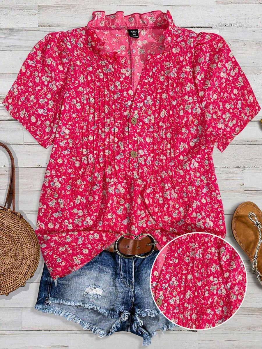 Franclia Plus Size Women Summer Casual Loose Allover Print Short Sleeve Blouse