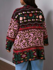 Slaydiva 大码女式豹纹花卉图案落肩长袖休闲针织开衫，秋季 - 彩色 - 查看 2