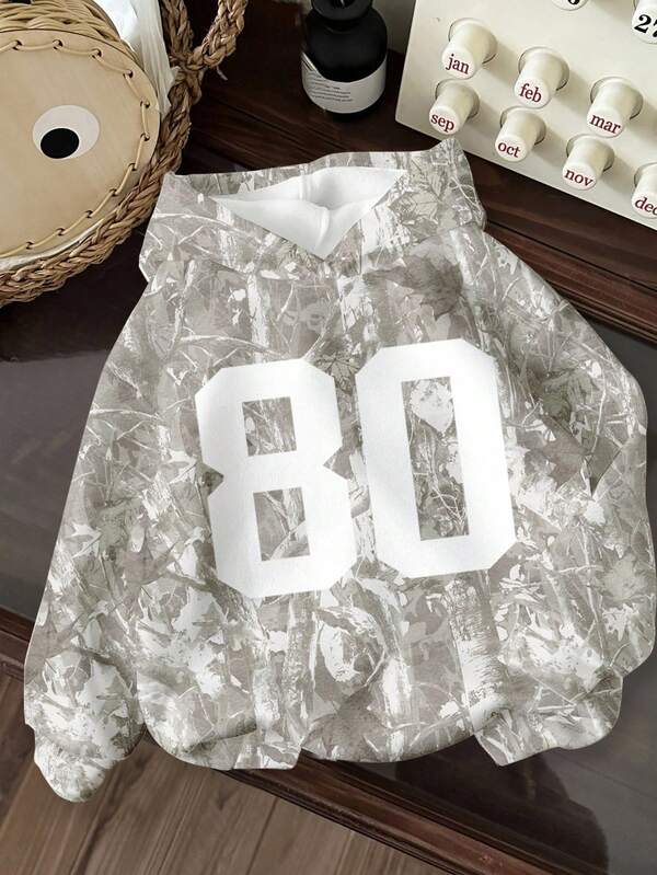 SHEIN Tween Girl Casual Loose Fit Round Neck Comfortable Long Sleeve Sweatshirt, College Style 80 Digit, Camouflage Withered Leaf Print, Campus Vibe, Citywalk, Street Style, Suitable For Autumn/Winter Fall