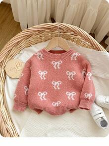 SHEIN 女婴冬季秋季蝴蝶结图案毛衣 - 粉色 - 查看 7