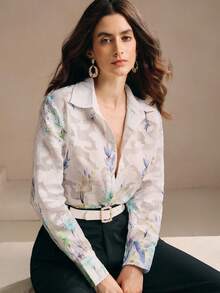 Anewsta New Fashion Floral Print Collared Single-Breasted Shirt, Spring Outfits For Women