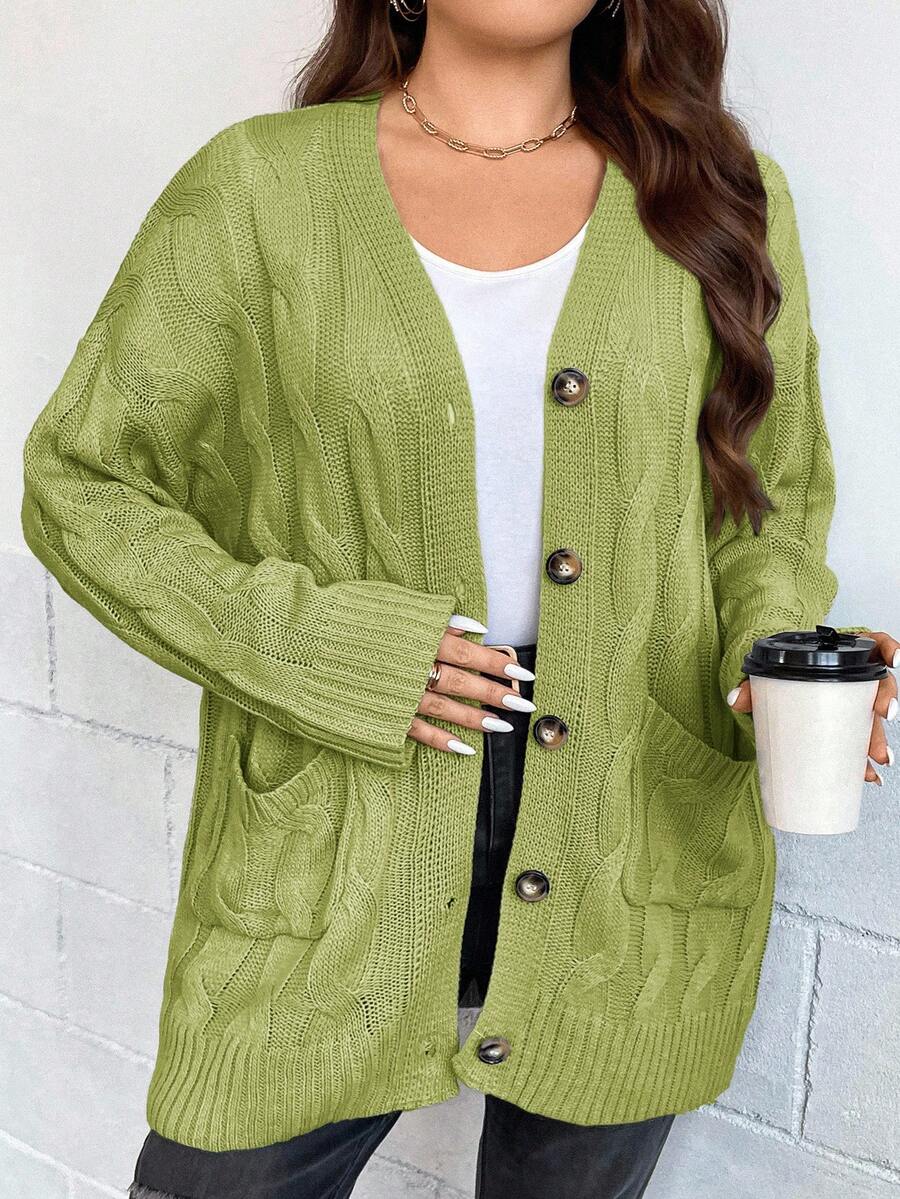 EURMUSE Plus Size Casual Solid Color Cardigan With Dual Pockets, Autumn/Winter - Olive Green - View 1