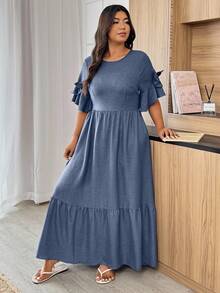 Weeklong Plus Size Solid Color Round Neck Ruffle Hem Casual Pleated Dress