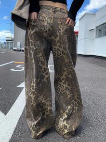 DAZY Quần jean ống rộng dáng rộng, túi họa tiết da báo dành cho nữ - Rỉ Nâu - Xem 4