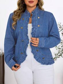 SHEIN 秋冬大码女式纯色水洗牛仔夹克 - 淺色水洗藍 - 查看 6