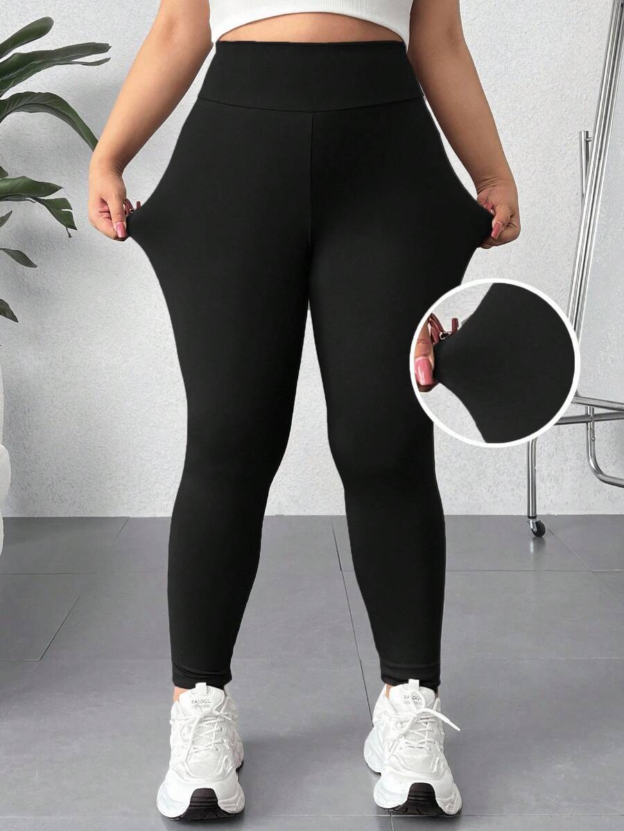 SHEIN CURVE+ Quần legging dài nữ cỡ lớn, thích hợp mặc đi nghỉ mát, thường ngày vào mùa thu và đông, chất liệu mềm mại, giữ ấm và chống lạnh. - màu đen - Xem 1