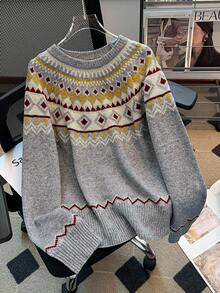 SHEIN Franclia 全新休闲舒适费尔岛圆领圣诞氛围撞色菱形花纹套头毛衣，百搭减龄，女士适用 - 彩色 - 查看 5