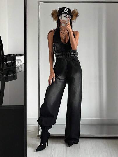 StreetHx 女式深V领宽松扣腰阔腿连体裤