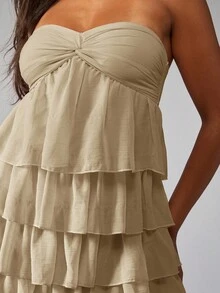 MISSGUIDED Strapless Tiered Ruffle Mini Party Dress With Twist Front Gathered Bust Evening Summer Beach Vacation Resort Wear - Khaki - View 5