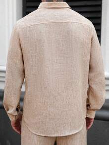 Manfinity Homme 男士单排扣休闲亚麻长袖宽松衬衫男士亚麻衬衫米色男士衬衫裸色衬衫，适合秋季 - 卡其色 - 查看 2