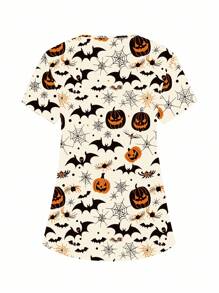 PopScrub Damen Halloween Kürbis & Fledermaus Muster Kasack, Halloween Kostüme, für Halloween Party - Verschiedenfarbig - Übersicht 2