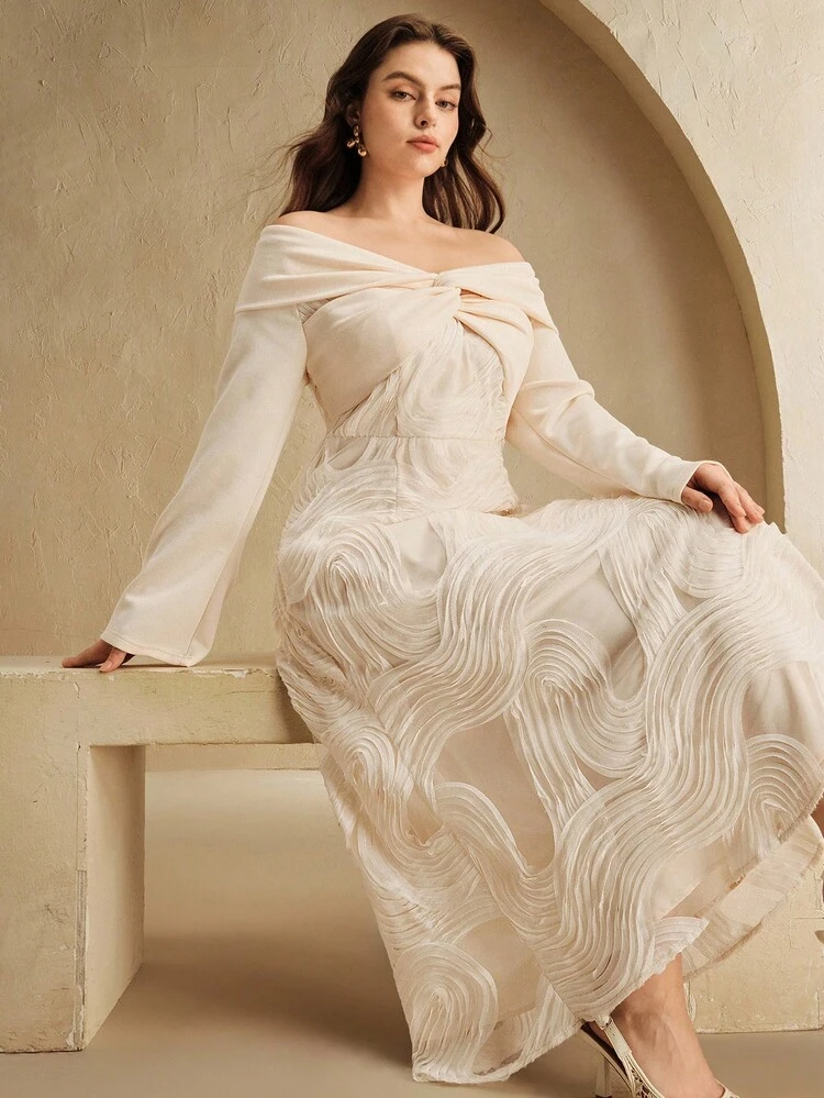Plus Size Women's Off Shoulder Long Sleeve Twist Decor Maxi Dress, Vacation Style, Suitable For Graduation, Autumn, Fall, Winter, Going Out, Elegant, Formal, Party, Chic, New Year, Christmas