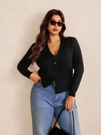 Elaquor Plus Solid Button Front Cardigan, For Winter