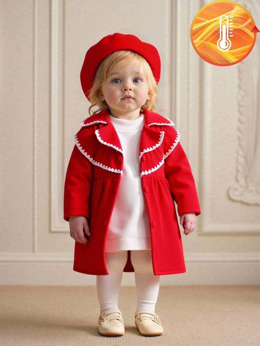 SHEIN 女童秋冬时尚别致贝壳领荷叶边长袖纽扣开衫中长外套，休闲百搭的秋季圣诞节服装 - 紅色 - 查看 1