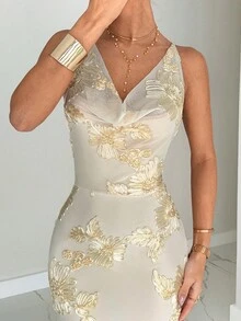 Siren Gaze New Elegant Sexy Apricot 3D Floral Plunging Neck Backless Maxi Dress,Fall Clothes For Women,Elegant Dresses For Party Summer Evening Dress - Apricot - View 5