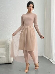 DAZY Vestido de mujer de cuello alto y longitud media con patchwork, vestido de punto de otoño - Caqui - Ver 4