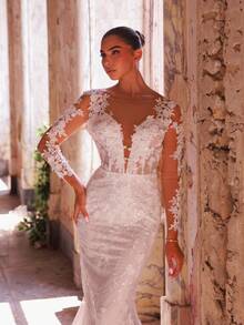 Glamrae Elegant Luxurious Embroidered Lace Applique Sheer Long Sleeve Mermaid Dress With Train, Suitable For Weddings, Events, Bachelorette Parties, Vacations, Galas, Honeymoons, Bridal Gowns, Valentine's Day - Beige - View 3