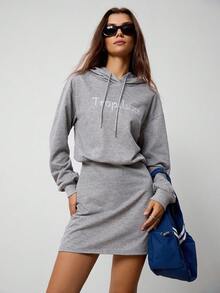 Hanevo Women's Casual Letter Embroidery Drawstring Hooded Sweatshirt Dress Fall Cloth For Women - Grey - View 8