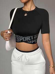 Easithlete 撞色网眼插肩袖运动T恤健身背心健身房女式衬衫 - 黑色 - 查看 6