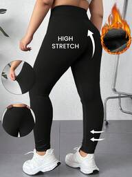 SHEIN EZwear Casual Simple Plus Size Thermal Lined Wide Waistband Thermal Leggings, Suitable For Autumn/Winter Suitable For Going Out Women's Sportswear