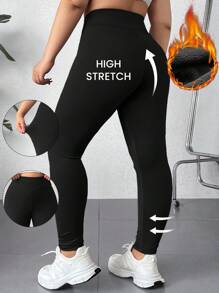 SHEIN EZwear 休闲简约大码保暖内衬宽腰带保暖紧身裤，适合秋冬季 - 黑色 - 查看 1