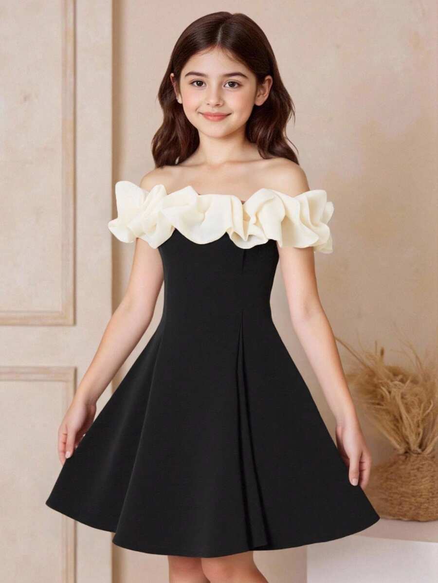 SHEIN Tween Girls' Fashionable & Elegant Off Shoulder Ruffle Hem Short Dress - Black and White - View 1