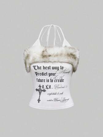 Retro Y2K Sexy Halter Patchwork Faux Fur Cross Letter Print Bodycon Camisole