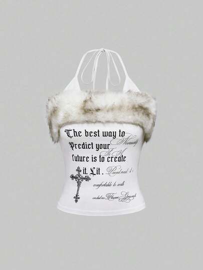 Retro Y2K Sexy Halter Patchwork Faux Fur Cross Letter Print Bodycon Camisole