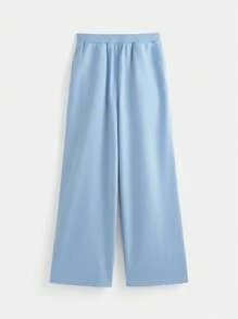 SHEIN Tween Girls' Knit Solid Color Loose Fit V-Neck Casual T-Shirt And Wide-Leg Knit Casual Pants Set - Blue - View 12
