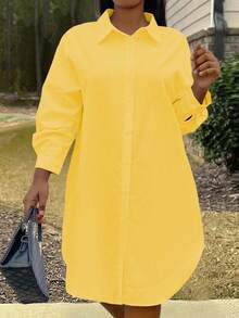 Inoviana Plus Size Women Casual Loose Shirt Dress, Long Sleeve, Solid Color Fall Cloth For Women - Yellow - View 5