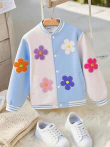 SHEIN Girls' Casual Colorful 3D Floral Contrast Color Baseball Jacket, Spring/Autumn Fall Winter - Blue - View 3