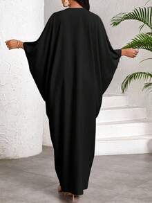 SHEIN Lady 2025 New Women's Casual Loose Bat Wing Sleeve Dress, Black Solid Color, For Holiday Vacation Outfits Women Boho/Bohemia/Boho Women Clothing Halloween  Chic Women's Dress Going Out Outfit - Black - View 2