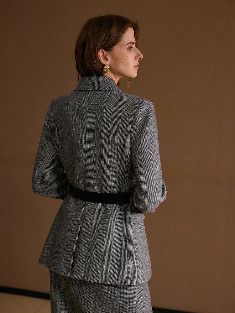 WOOL BLEND ELEGANT COMMUTER SEQUIN HERRINGBONE BLAZER WITH BELT, AUTUMN/WINTER