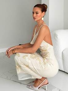 Siren Gaze New Elegant Sexy Apricot 3D Floral Plunging Neck Backless Maxi Dress,Fall Clothes For Women,Elegant Dresses For Party Summer Evening Dress - Apricot - View 4