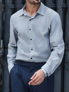 Manfinity Bizformal Men's Casual Commuter Striped Long Sleeve Shirt Men Striped Shirt Men Business Casual Shirt Men Dress Shirt Blue Striped Shirt Gray Striped Shirt Men Striped Shirt Grey Striped Shirt, For Fall - Blue - View 6