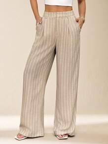 SHEIN PETITE 女士条纹长裤夏威夷女士办公室女士西装裤女士家居舒适裤两件套女士秋冬套装女士 - 卡其色 - 查看 4